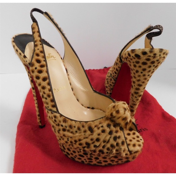 Christian Louboutin Jenny Leopard Print Calf Hair Open‎ Toe Stilettos 37.5 - Picture 1 of 6
